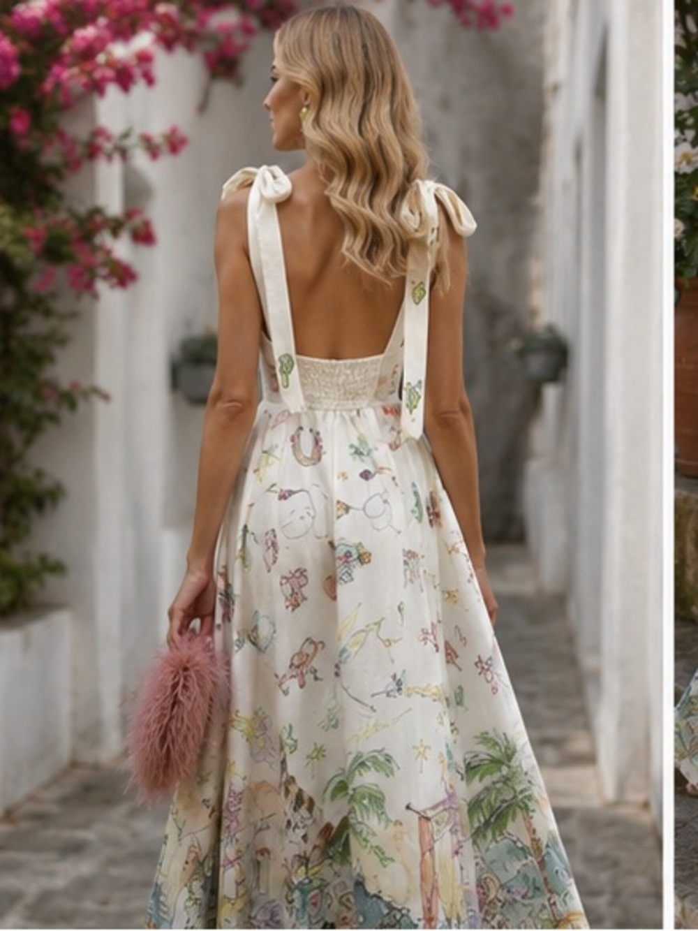 Alemais Cream Tie-Shoulder Floral & Coastal Print Maxi Dress
